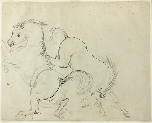 Two Horses Cavorting (recto); Man on a Kicking Horse (verso) by Carle Vernet, drawing, 1778-1836