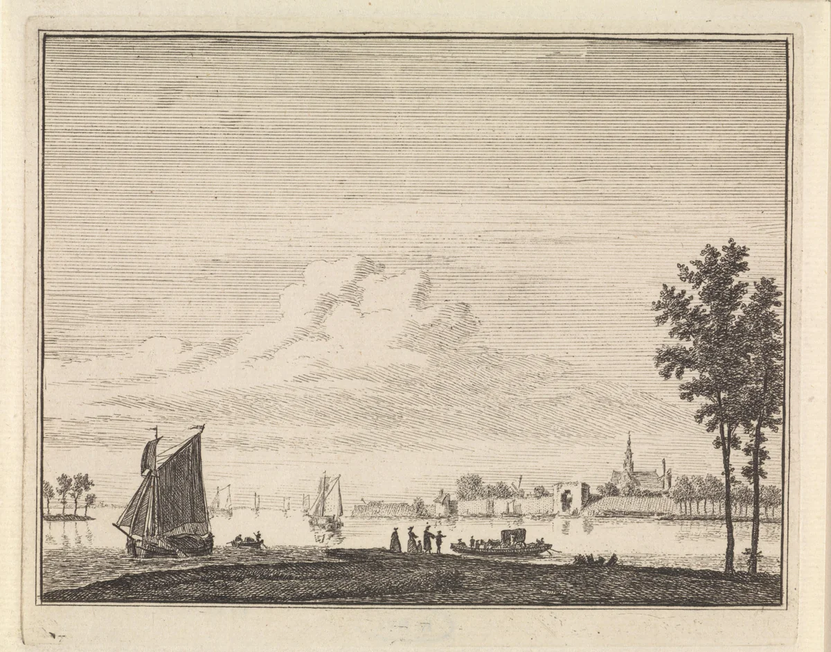 Rivierlandschap met figuren en boten by Hendrik Spilman, print, 1742-1784