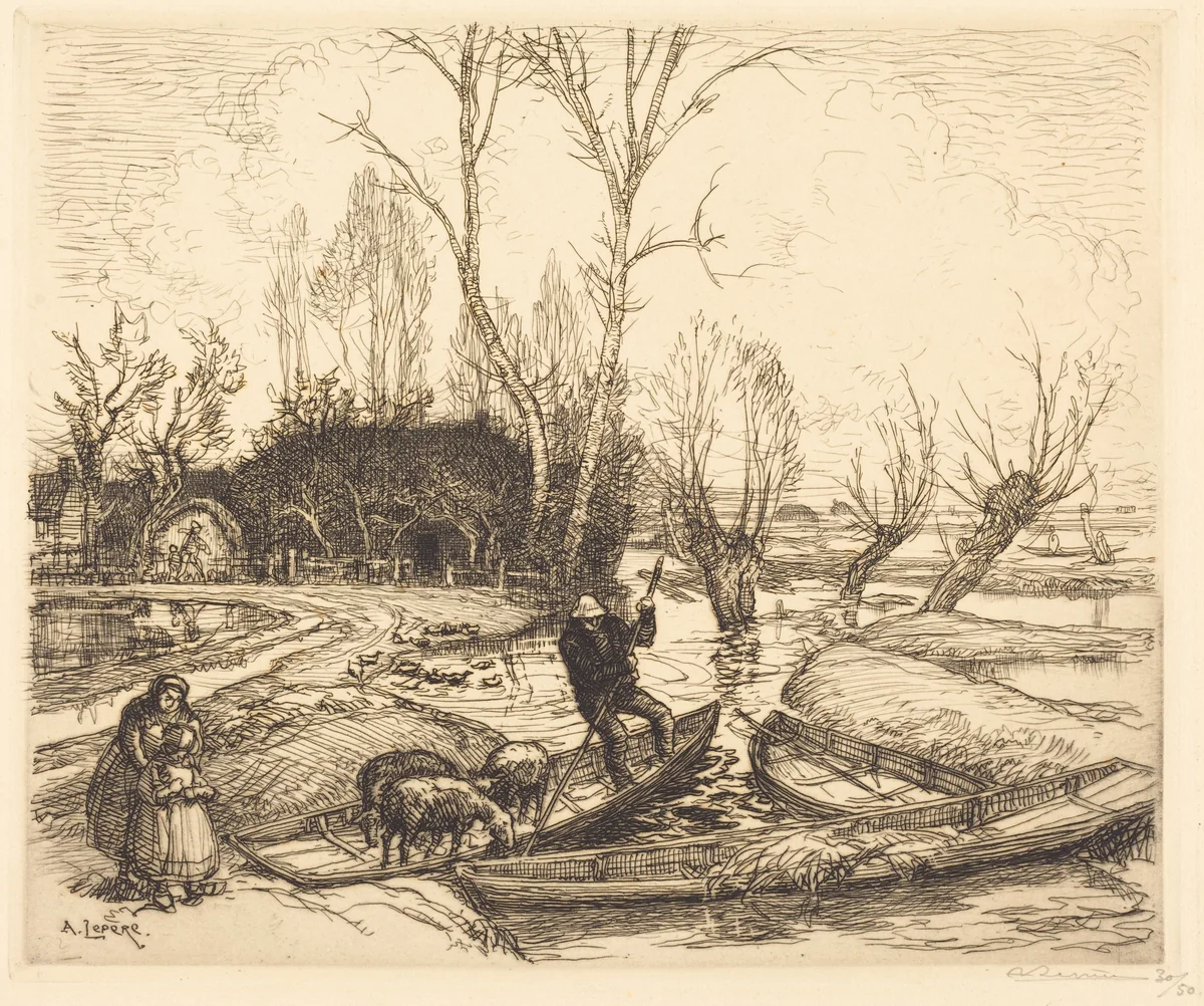 In the Deluged Marsh - The Shepherd (Au marais inonde - Le berger) by Auguste Lepère, print, 1911