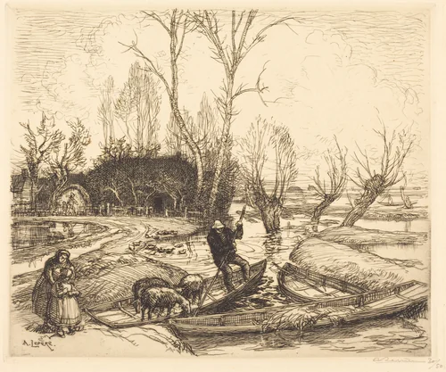 In the Deluged Marsh - The Shepherd (Au marais inonde - Le berger) by Auguste Lepère, print, 1911