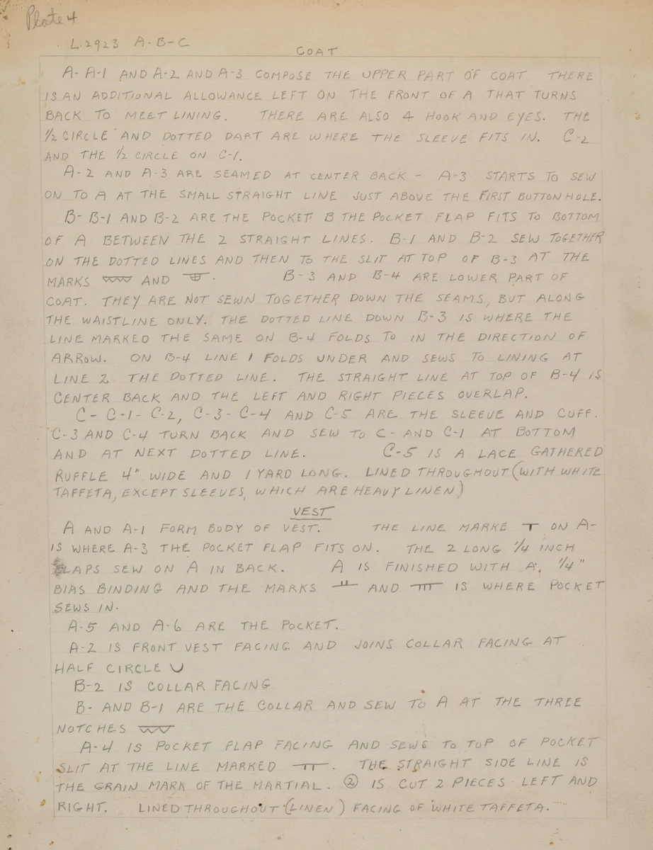 Written Instructions for Making Suit by Henry De Wolfe, index of american design, 1938