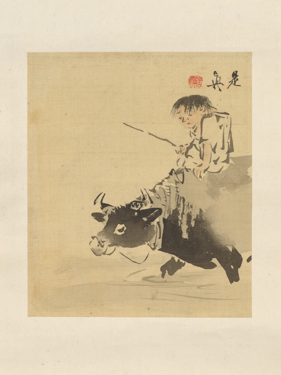 Boy on Ox by Shibata Zeshin (柴田是真), painting, 1807-1891
