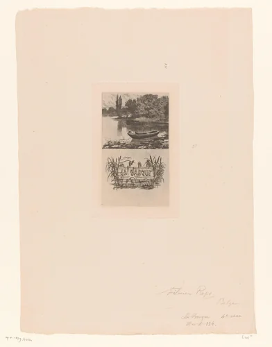 Figuur ligt in een roeiboot op een meer by Félicien Rops, print, 1875