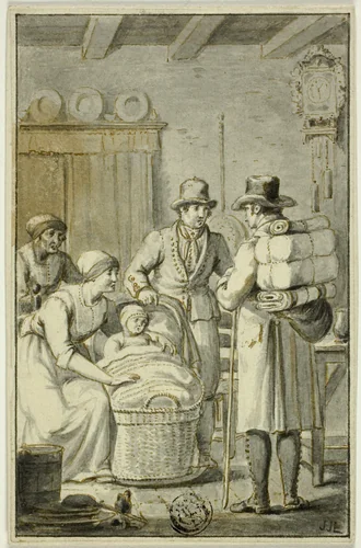 Traveler Talking with Family in Kitchen by Jacob Smies, drawing, 1784-1833