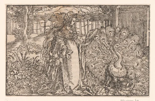 Vrouw bekijkt zichzelf in de spiegel, naast haar een pauw by anonymous, print, 1532