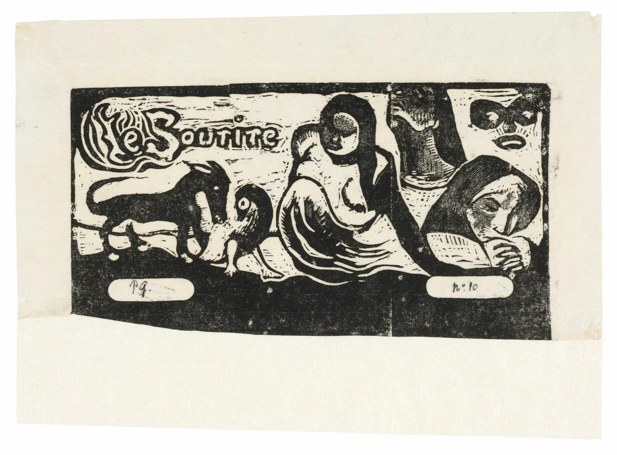 Three People, a Mask, a Fox and a Bird, headpiece for Le sourire by Paul Gauguin, print, 1899