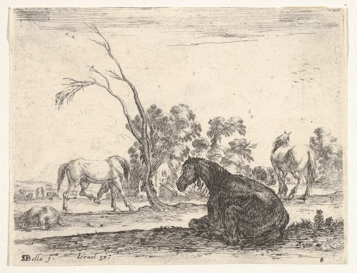 Plate 8: a seated horse to right, seen from behind and turned to the left, three other horses in middleground, a tree in center, from "Various Figures" (Agréable diversité de figures) by Stefano della Bella, print, 1642
