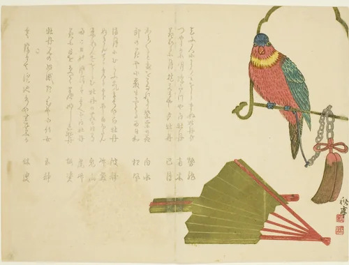 Parrot and Fans by Tanaka Shutei, print, 1810-1858