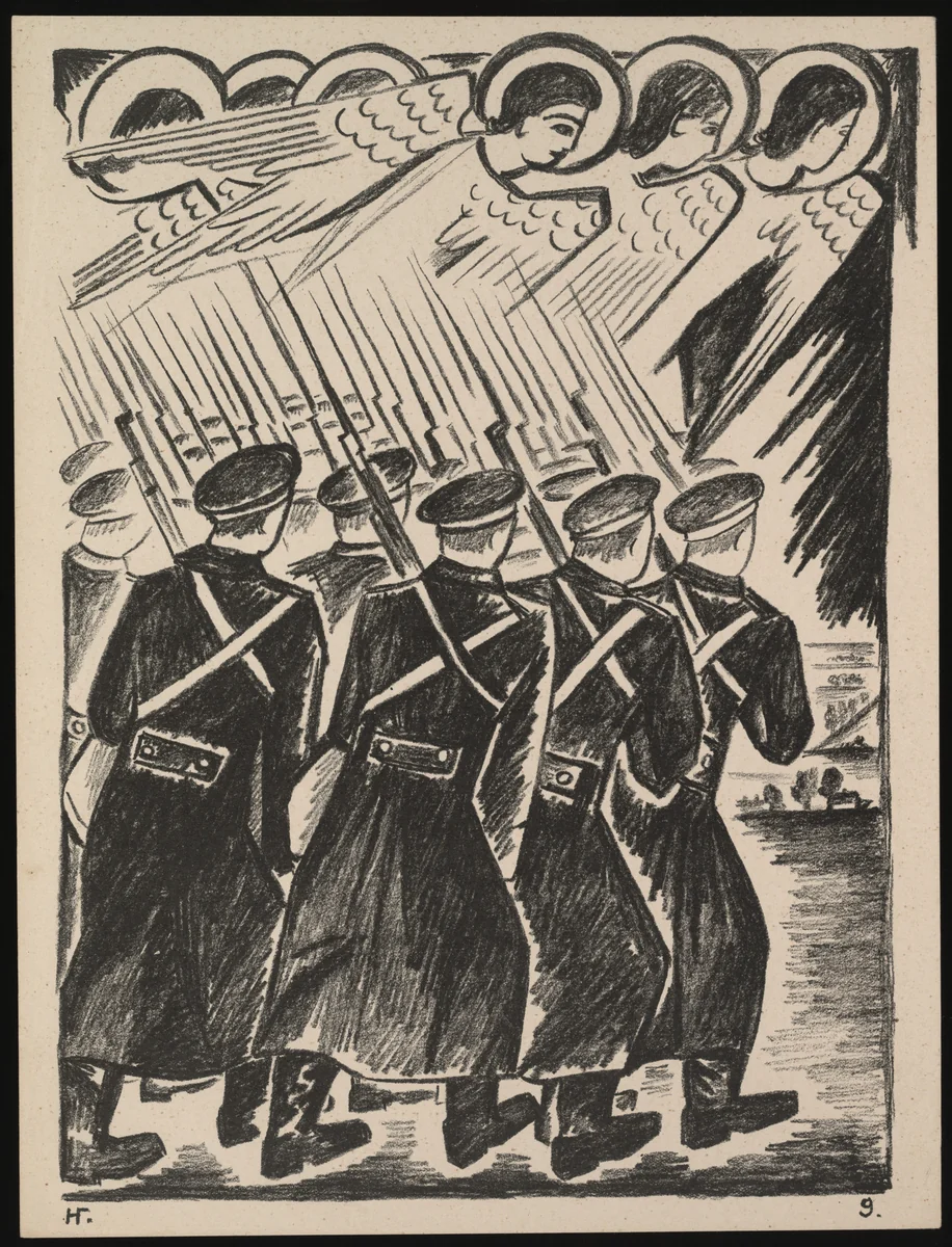 Khristolyubivoe voinstvo (Christian Host) from Misticheskie obrazy voiny. 14 litografii (Mystical Images of War: Fourteen Lithographs) by Natalia Goncharova, print, 1914