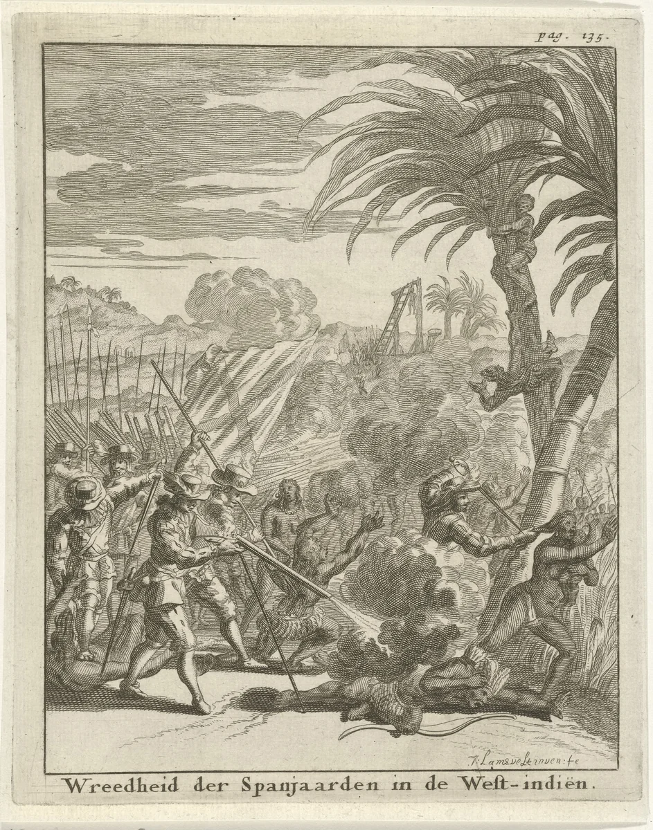 Spanjaarden beschieten inwoners van West-Indië by Jan Lamsvelt, print, 1700