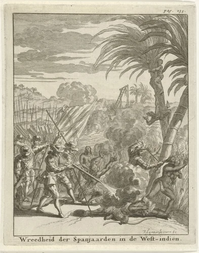 Spanjaarden beschieten inwoners van West-Indië by Jan Lamsvelt, print, 1700