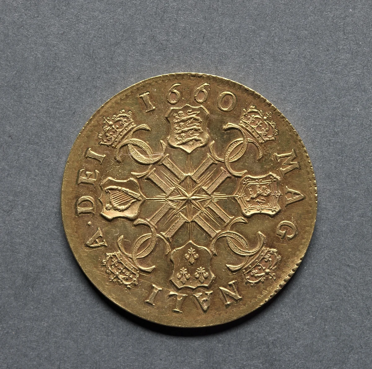 Broad: Shields of England, Scotland, France and Ireland with Crowned Interlocked Cs (reverse) by Thomas Simon, metalwork, 1660