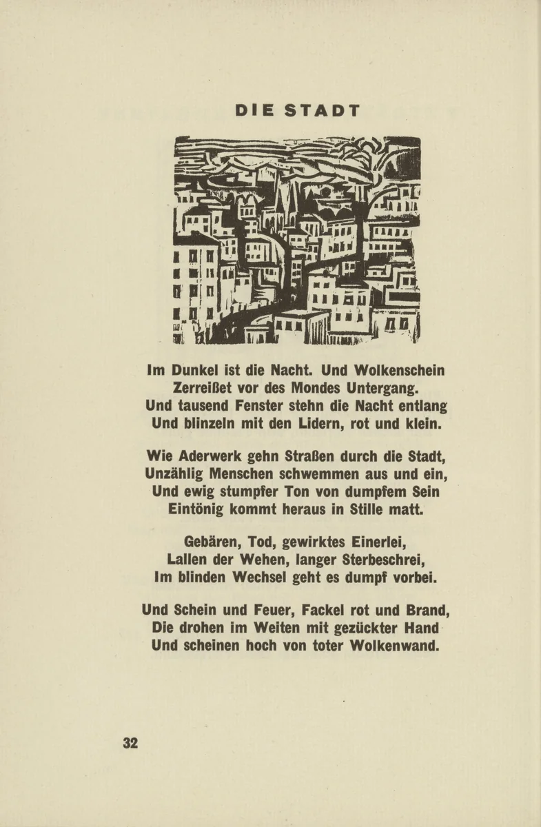 The City (Die Stadt) (headpiece, page 32) from Umbra vitae (Shadow of Life) by Ernst Ludwig Kirchner, illustrated book, 1924