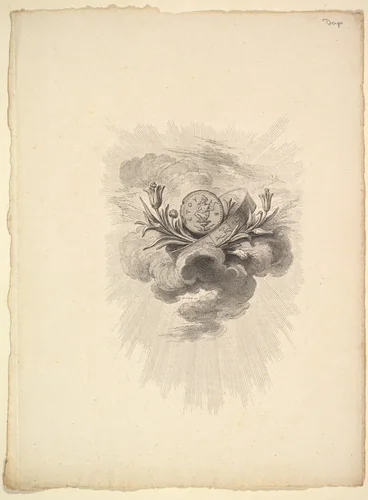 Vignette with a Medal depicting Harpocrate and Lotus Flowers, Volume I, Page 12, from Description des Principales Pierres gravées du Cabinet de S.A.S. Monseigneur le Duc d'Orléans Premier Prince du sang. A Paris chez M. l'abbé de la Chau au Palais-Royal M. l'abbé Le Blond au collége Mazarin Et chez Pissot, libraire, quai des Augustins by Augustin de Saint-Aubin, print, 1778-1780