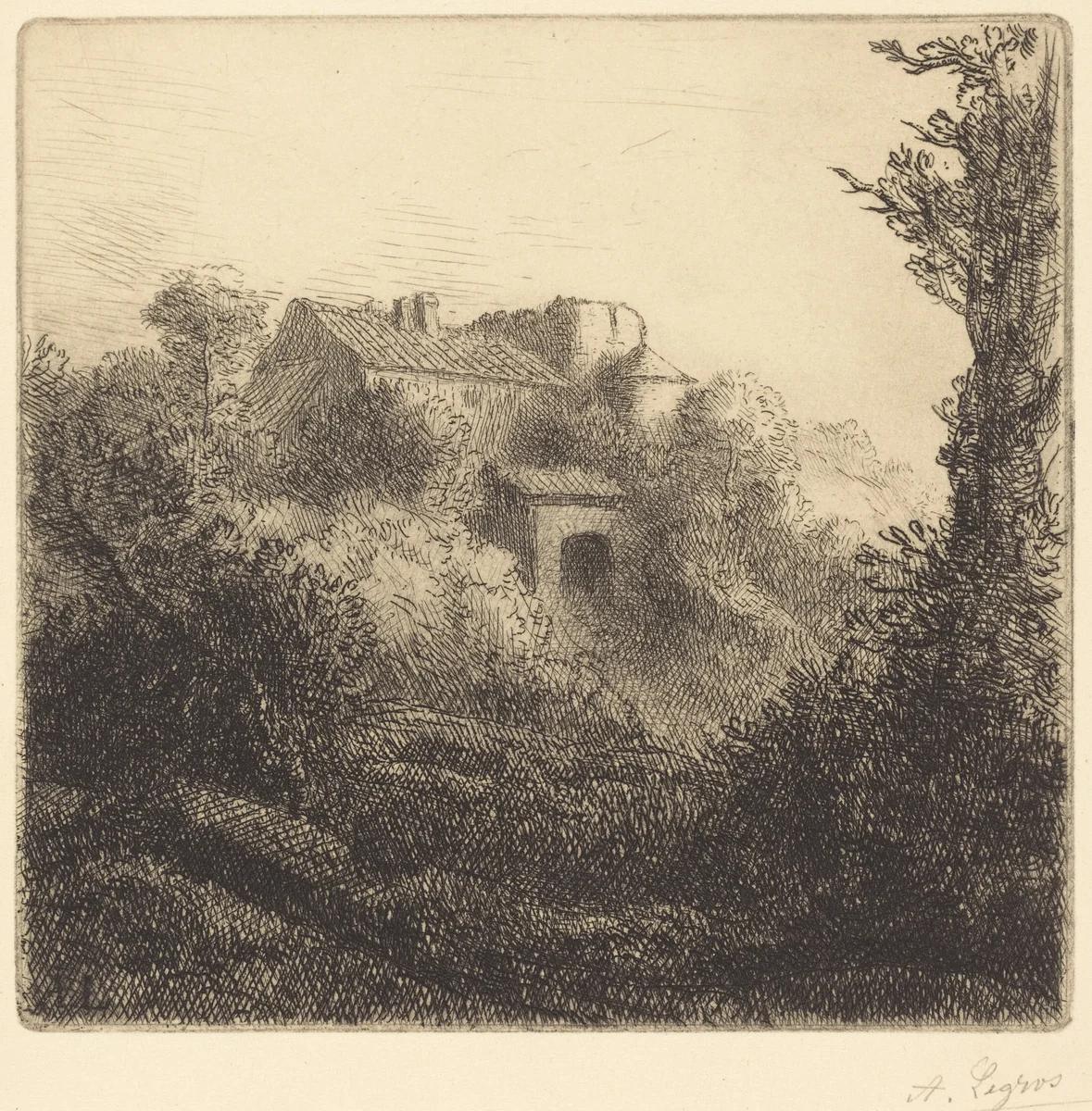 Farm on a Hill (La ferme sur la colline) by Alphonse Legros, print, 1837-1911