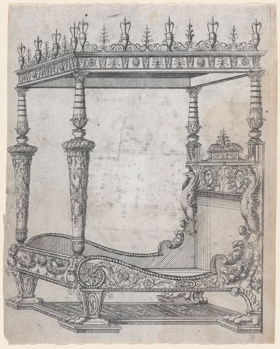 Design for a Four Poster Bed by Jacques Androuet du Cerceau, print, 1565-1570