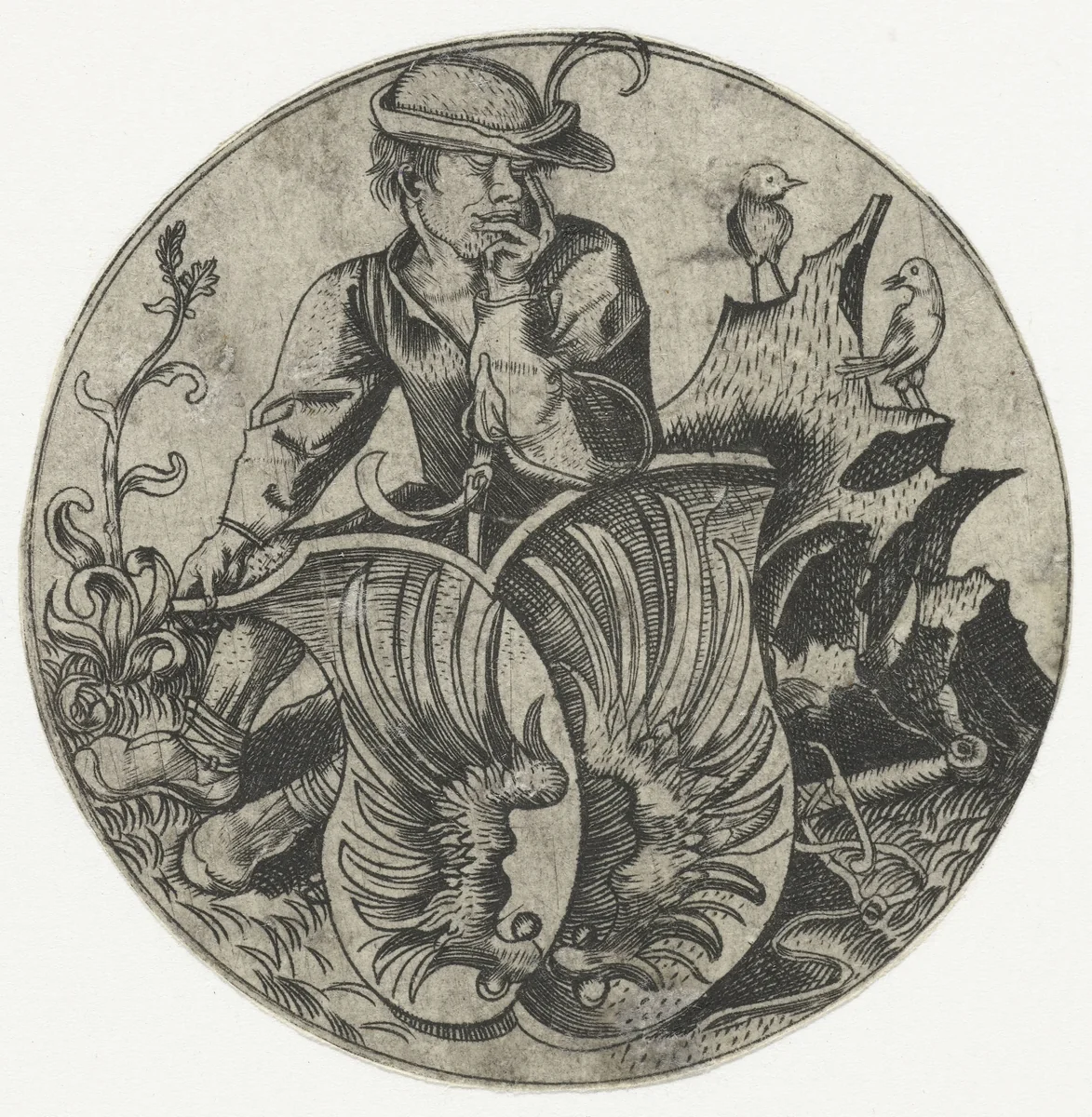 Wapenschild met vleugels, vastgehouden door een boer by Wenzel von Olmütz, print, 1481-1497