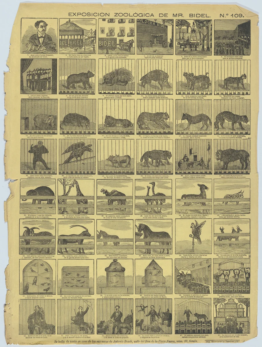 Broadside with 48 scenes depicting animals from Mr Bidel's zoo in Barcelona by Antonio Bosch, print, 1865-1875