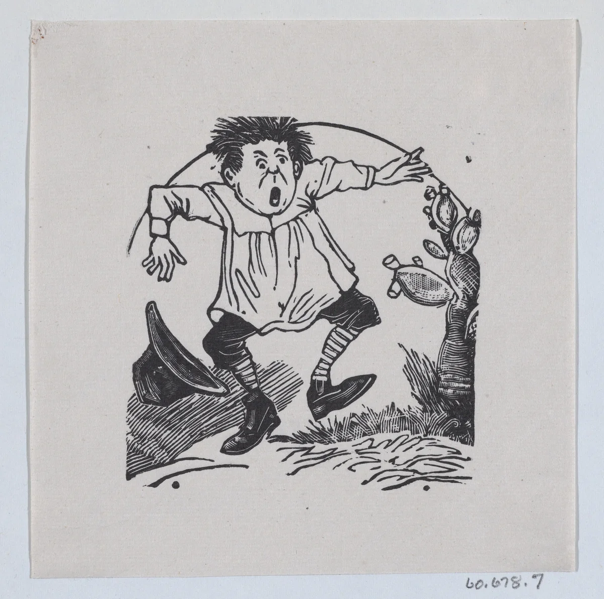 A man jumping up after pricking his finger on a cactus by José Guadalupe Posada, print, 1875-1885