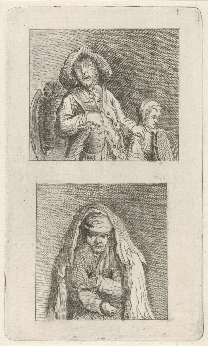 Blinde met begeleider en bedelaar by Pieter de Mare, print, 1768-1796