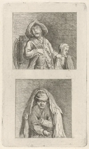 Blinde met begeleider en bedelaar by Pieter de Mare, print, 1768-1796