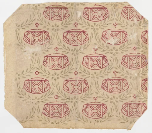 Sheet with overall pattern of vines and geometric designs by anonymous, print, 1800-1900