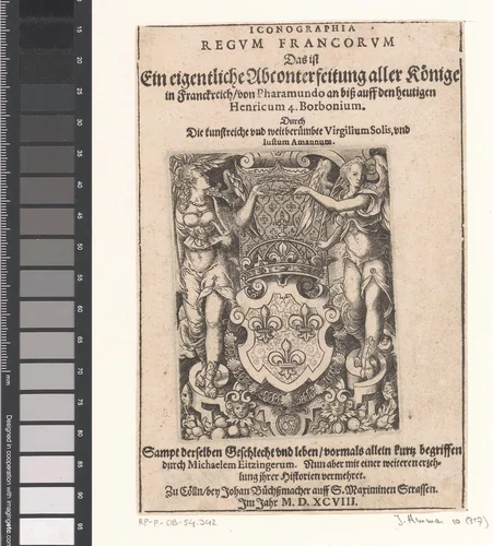 Wapenschild geflankeerd door twee engelen met een lauwerkrans by Jost Amman, print, 1598