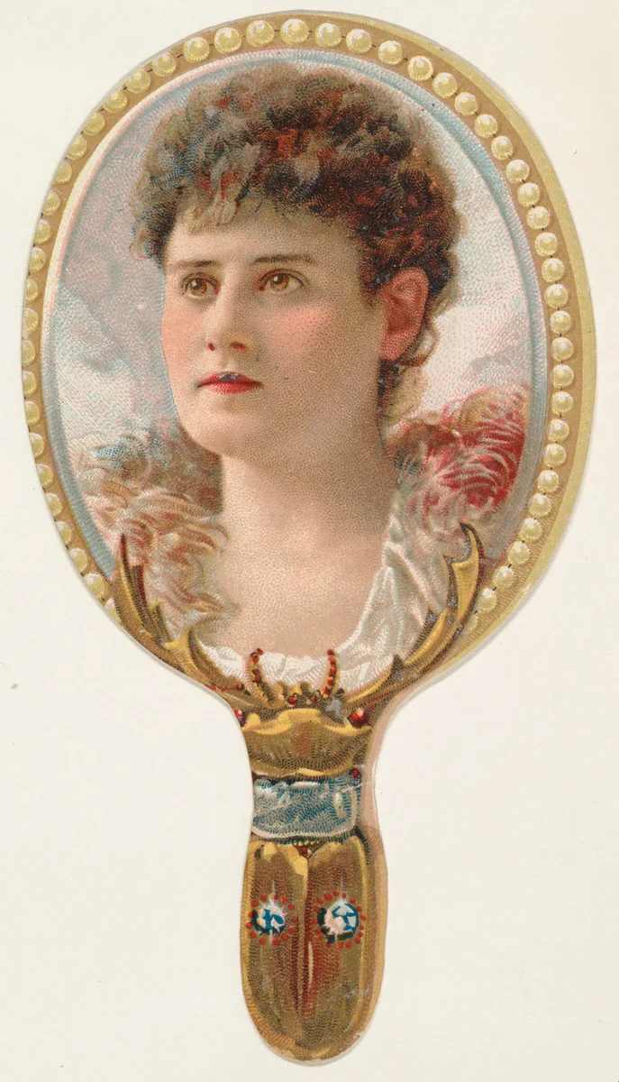 Hand mirror with woman in feathered collar, from the Novelties series (N122) issued by Gail & Ax Tobacco to promote Navy Long Cut by Gail & Ax Tobacco, print, 1889