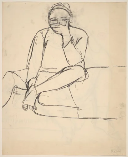 Untitled [woman seated at the edge of a cushion with hand covering her mouth] by Richard Diebenkorn, drawing, 1955-1967