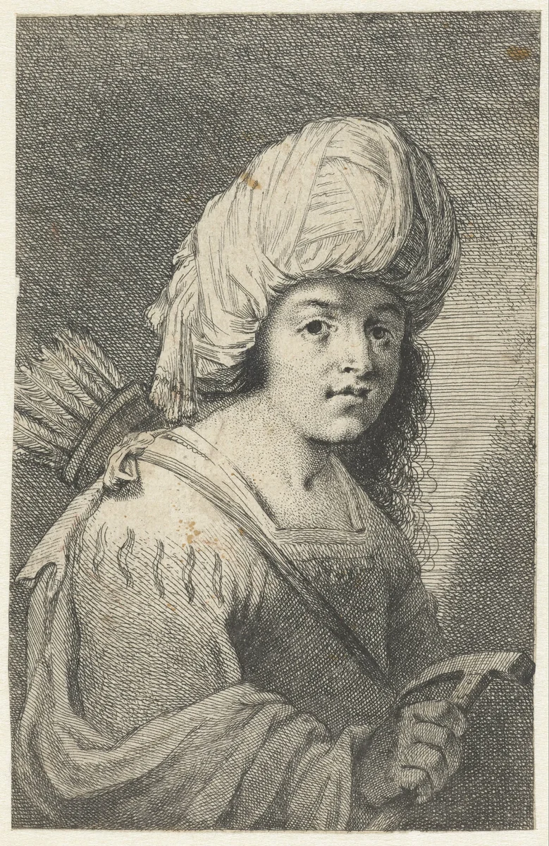 Portret van een jongen met tulband, pijlenkoker en hamer by Pieter Fransz de Grebber, print, 1610-1655