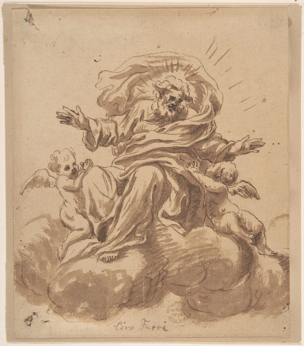 God the Father Seated on a Cloud, Flanked by Two Putti by anonymous, drawing, 1600-1700