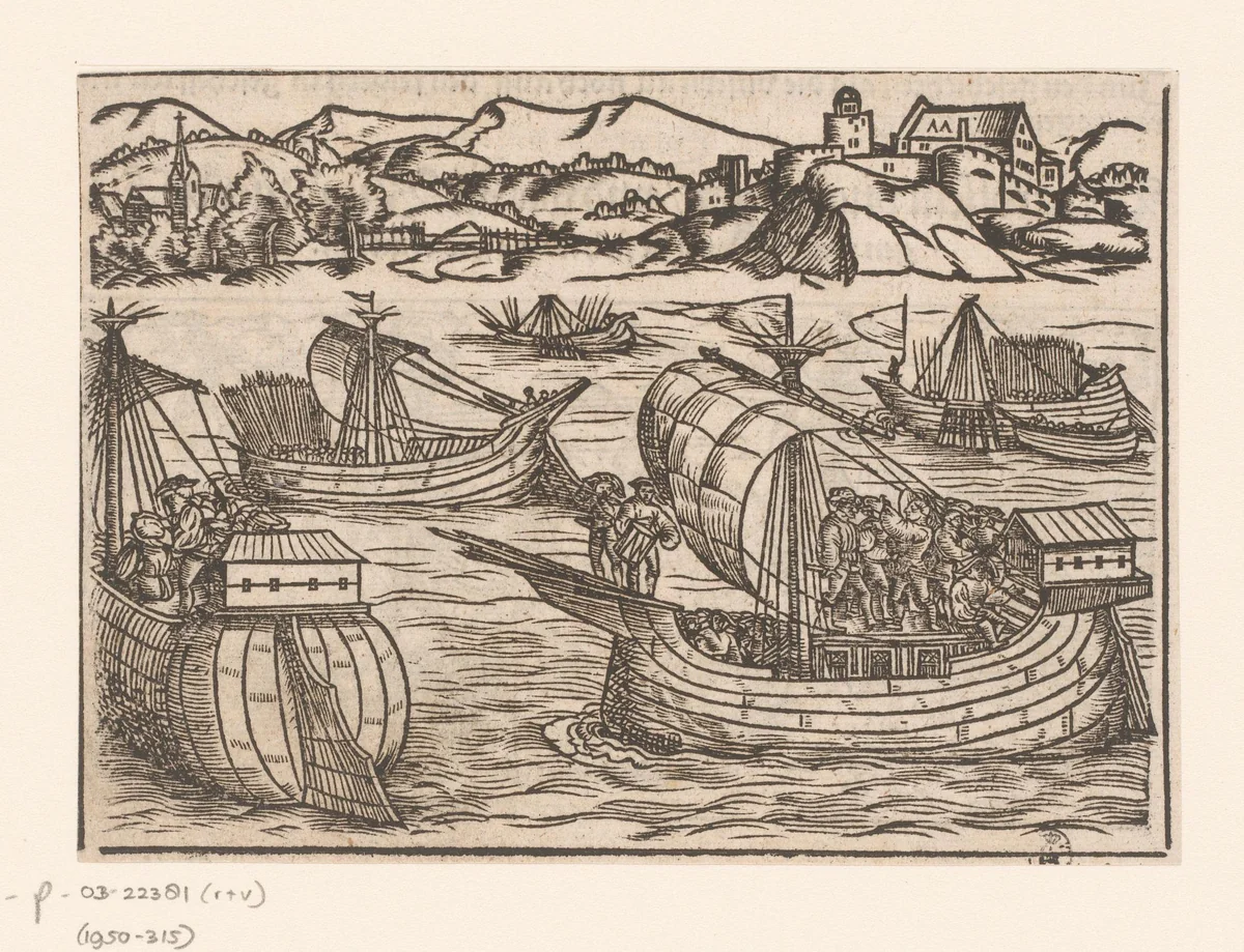 Oorlogsschepen op zee by anonymous, print, 1500-1599