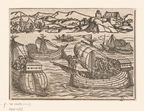 Oorlogsschepen op zee by anonymous, print, 1500-1599