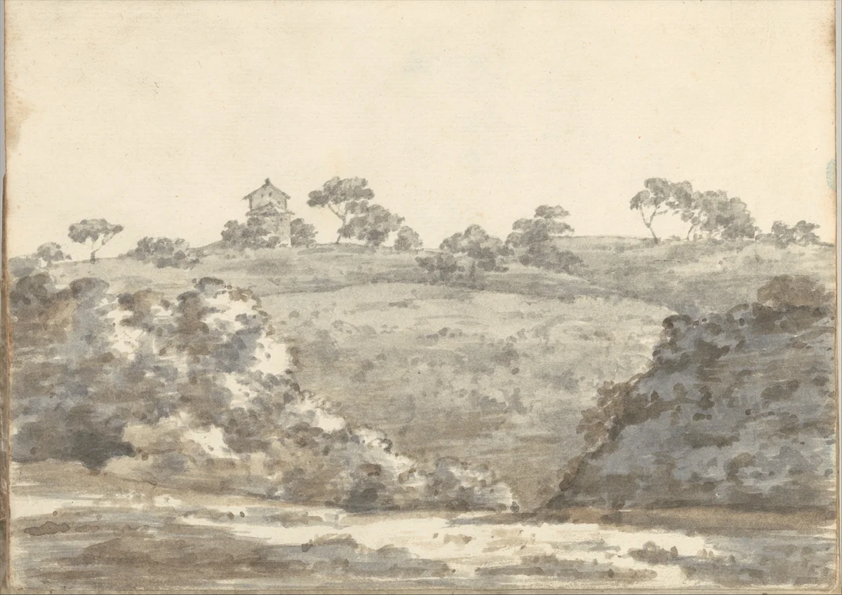 Landscape with a two-story building on a hill (Smaller Italian sketchbook, leaf 29 recto) by Joseph Wright, drawing, 1774-1775