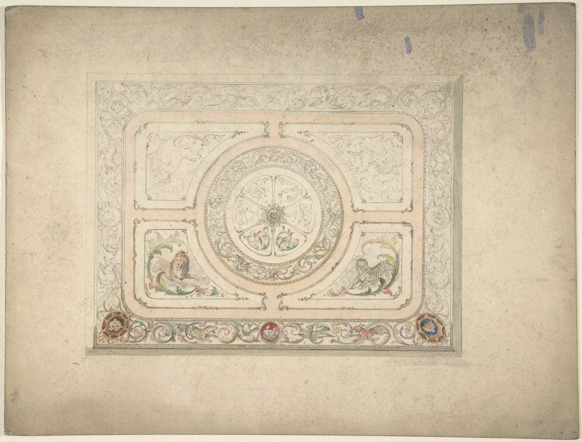 Design for a Ceiling with Lion and Lioness by anonymous, drawing, 1800-1899