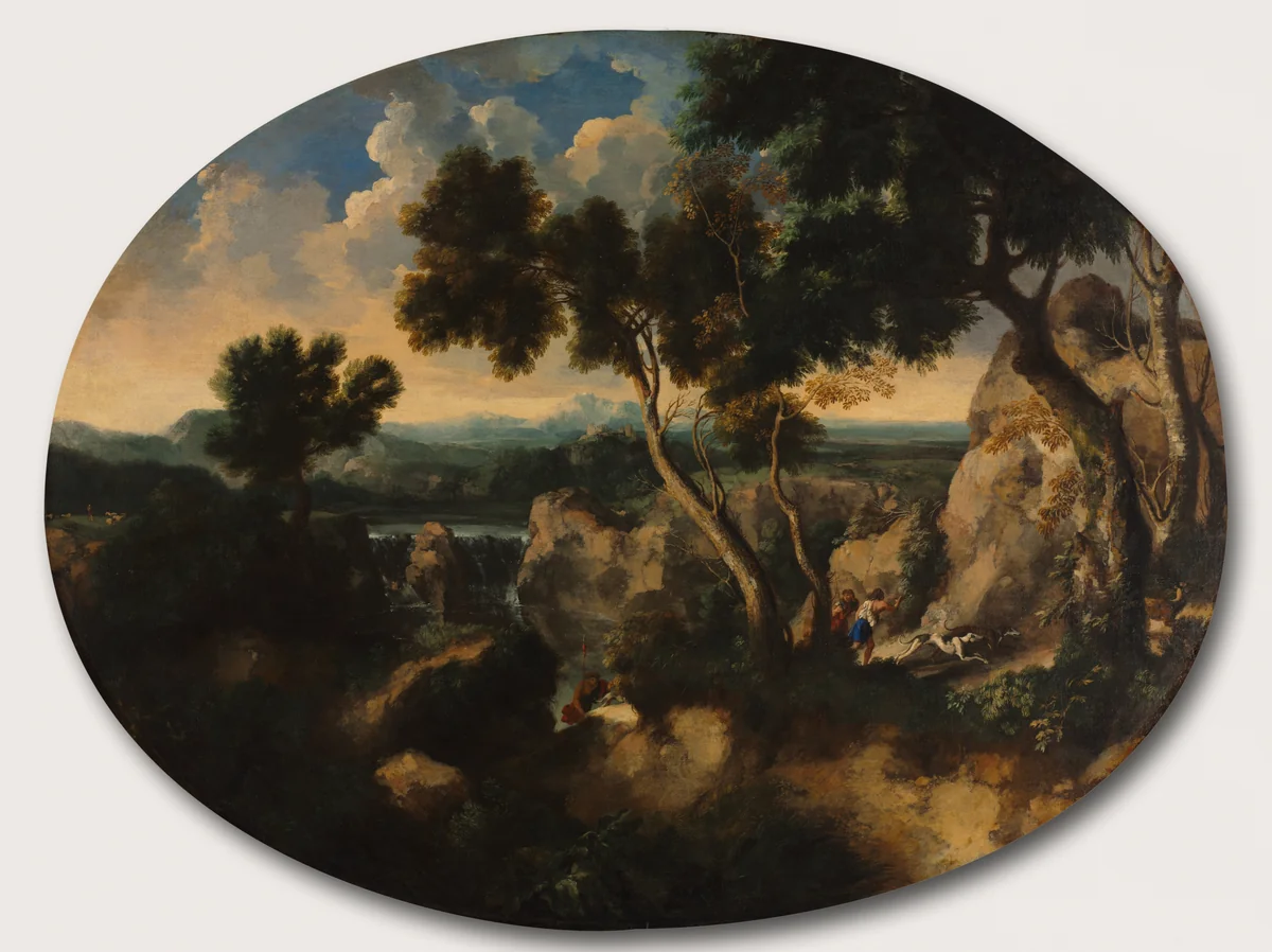Rocky Landscape with Hunters by Gaspard Dughet, painting, 1630-1635