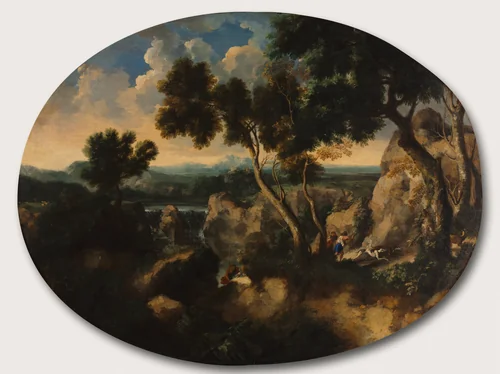 Rocky Landscape with Hunters by Gaspard Dughet, painting, 1630-1635