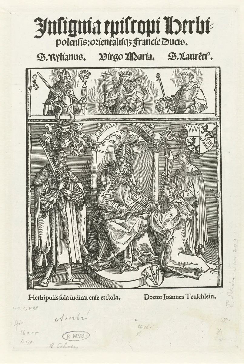 Titelblad met Johannes Teuschlein die zijn boek presenteert aan de bisschop van Würzburg by Unknown, print, 1506