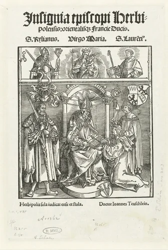 Titelblad met Johannes Teuschlein die zijn boek presenteert aan de bisschop van Würzburg by Unknown, print, 1506