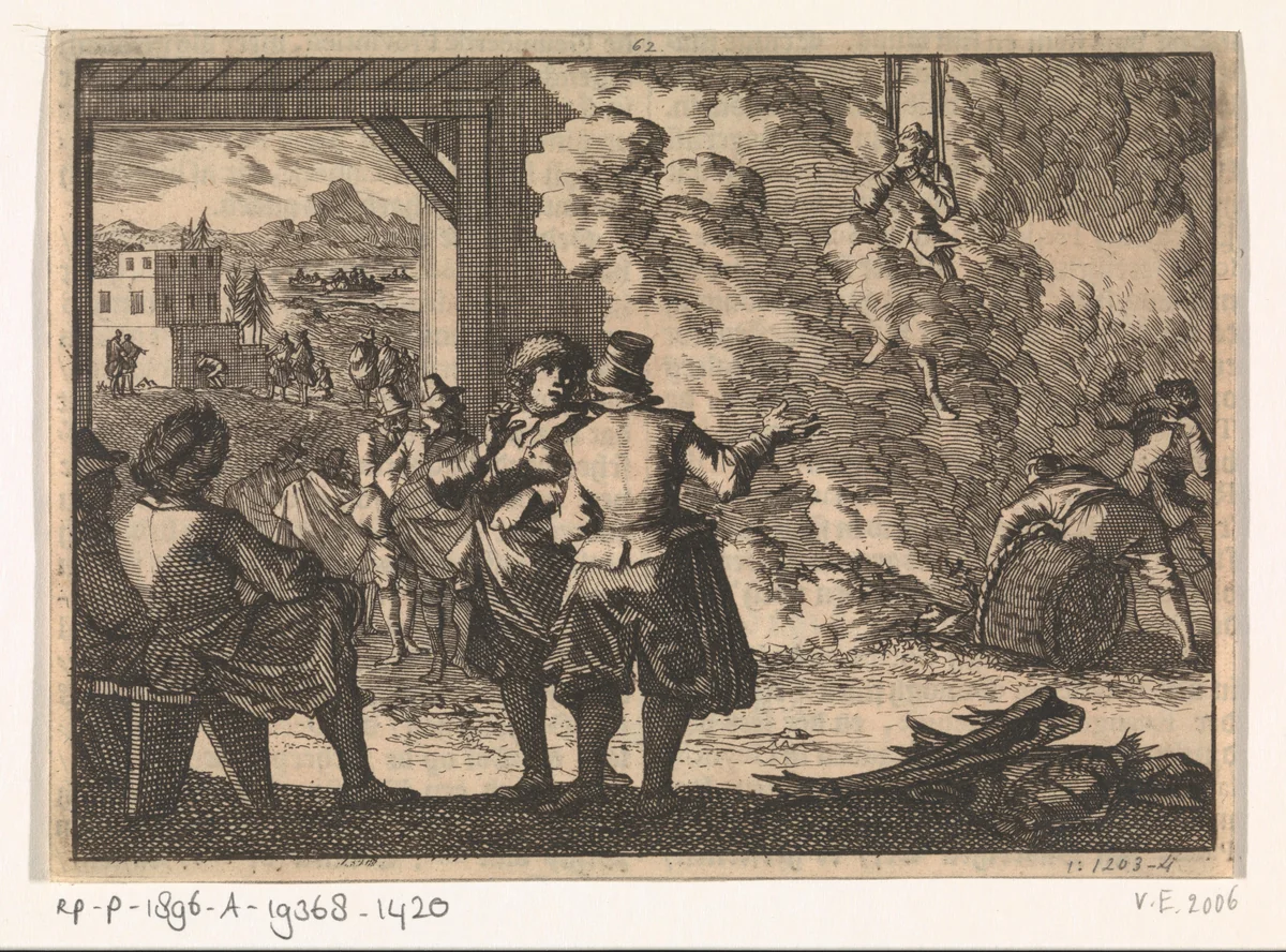 Gantespel of drieërlei proeven waaraan leerlingen op kantoren in Bergen te Noorwegen zich moesten onderwerpen om als koopman te kunnen werken, ca. 1660 by Caspar Luyken, print, 1698