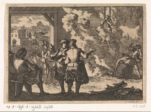 Gantespel of drieërlei proeven waaraan leerlingen op kantoren in Bergen te Noorwegen zich moesten onderwerpen om als koopman te kunnen werken, ca. 1660 by Caspar Luyken, print, 1698