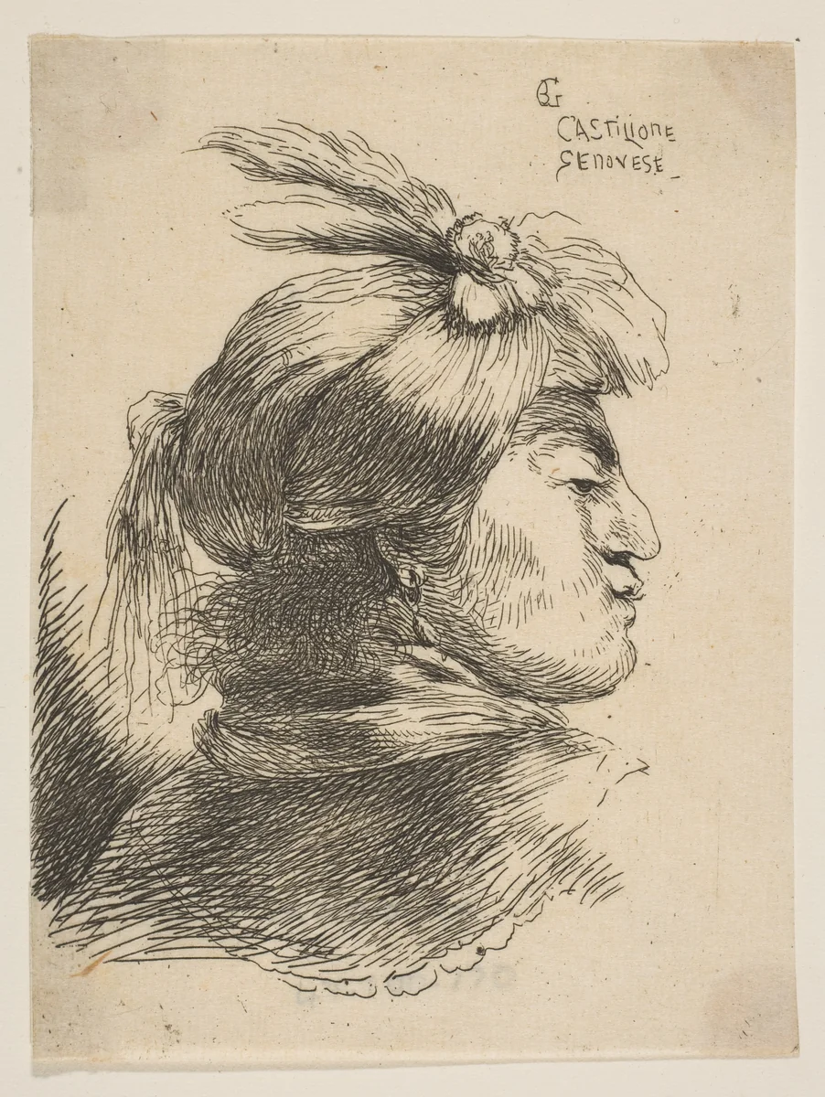 Man wearing a small turban Oonamented with plumes and ribbon, facing right, from the series of 'Small Heads in Oriental Headdress' (19th century impression) by Giovanni Benedetto Castiglione, print, 1640-1650