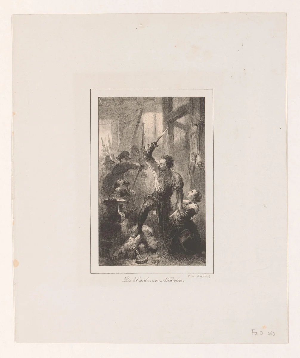Smid beschermt zijn dochter by Charles Rochussen, print, 1854