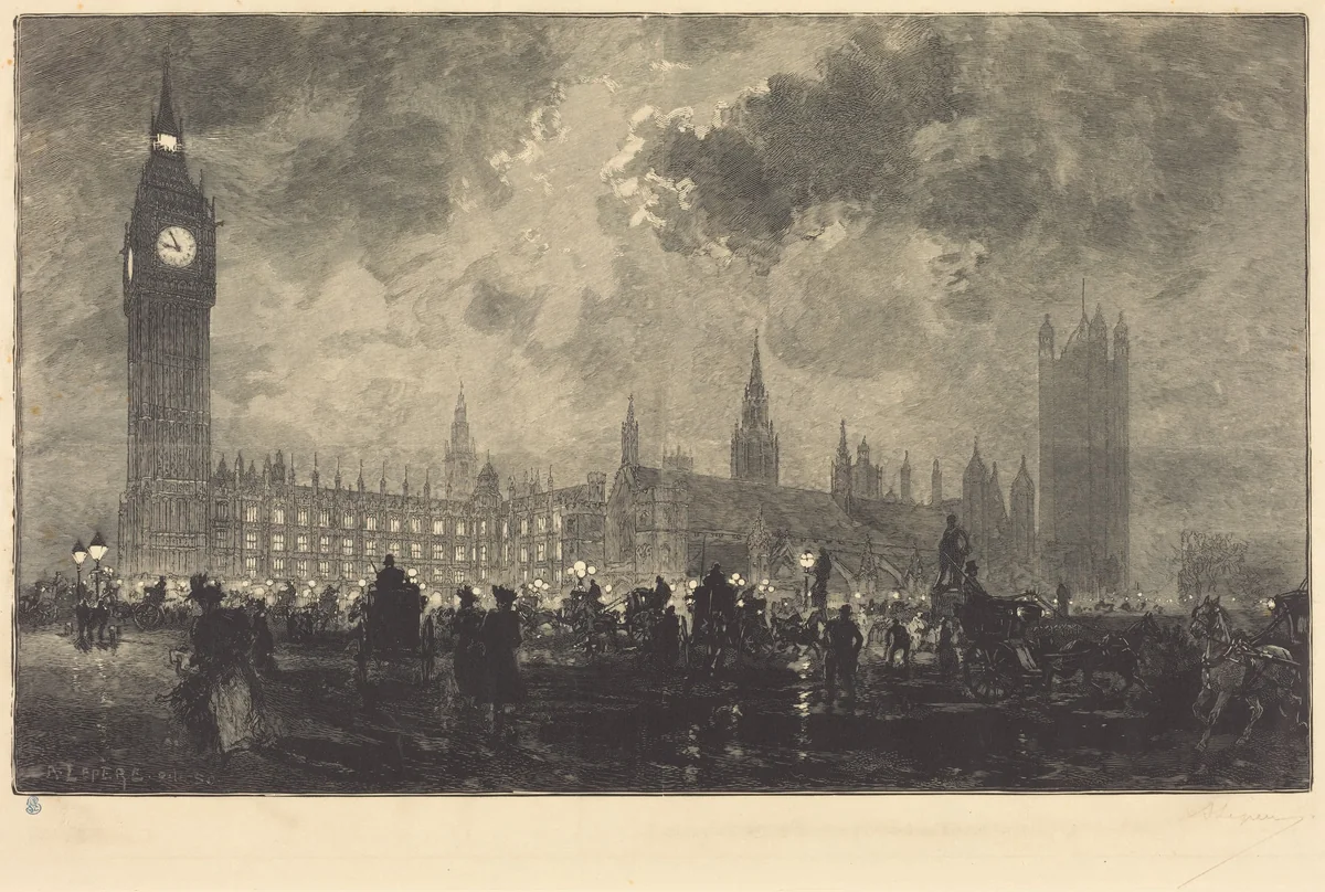 Parliament at 9 o'Clock in the Evening - London (Le parlement a 9 heures du soir - Londres) by Auguste Lepère, print, 1890