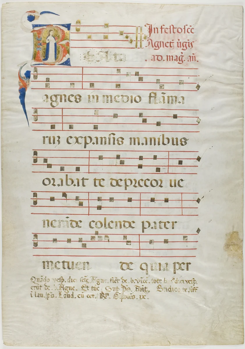 Saint Agnes in a Historiated Initial "V" from an Antiphonary by Neri da Rimini, painting, 1310-1315