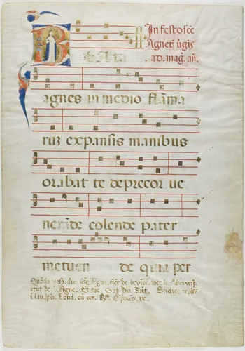 Saint Agnes in a Historiated Initial "V" from an Antiphonary by Neri da Rimini, painting, 1310-1315