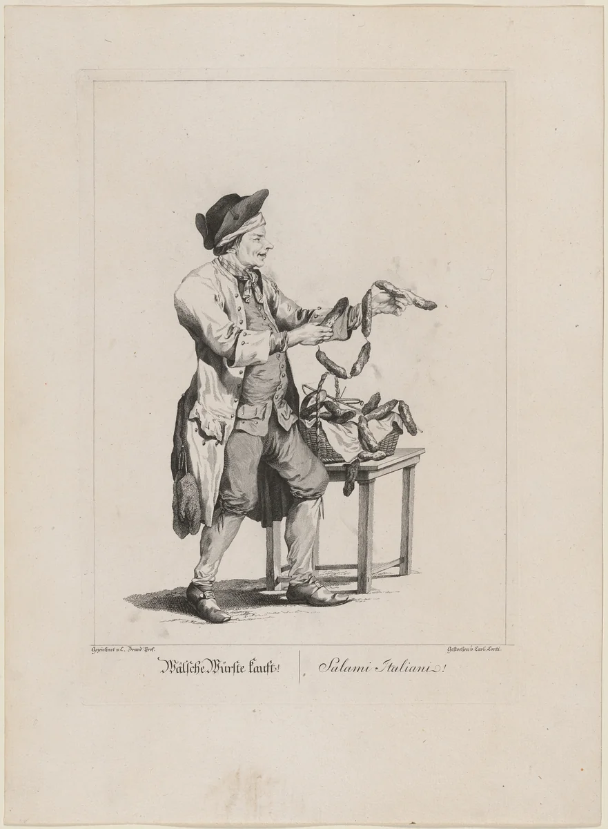 Wälsche Würste kauft! (Sausage Seller) by Carl Conti
Johann Christian Brand, print, 1775