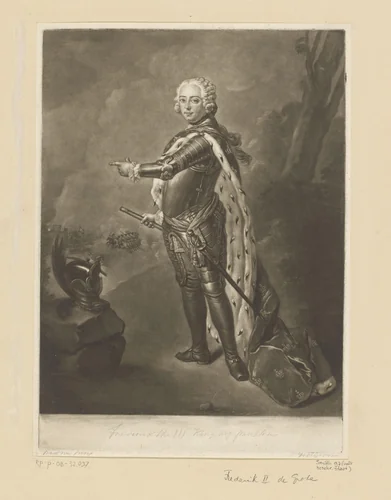 Portret van Frederik de Grote by Richard Houston, print, 1731-1775