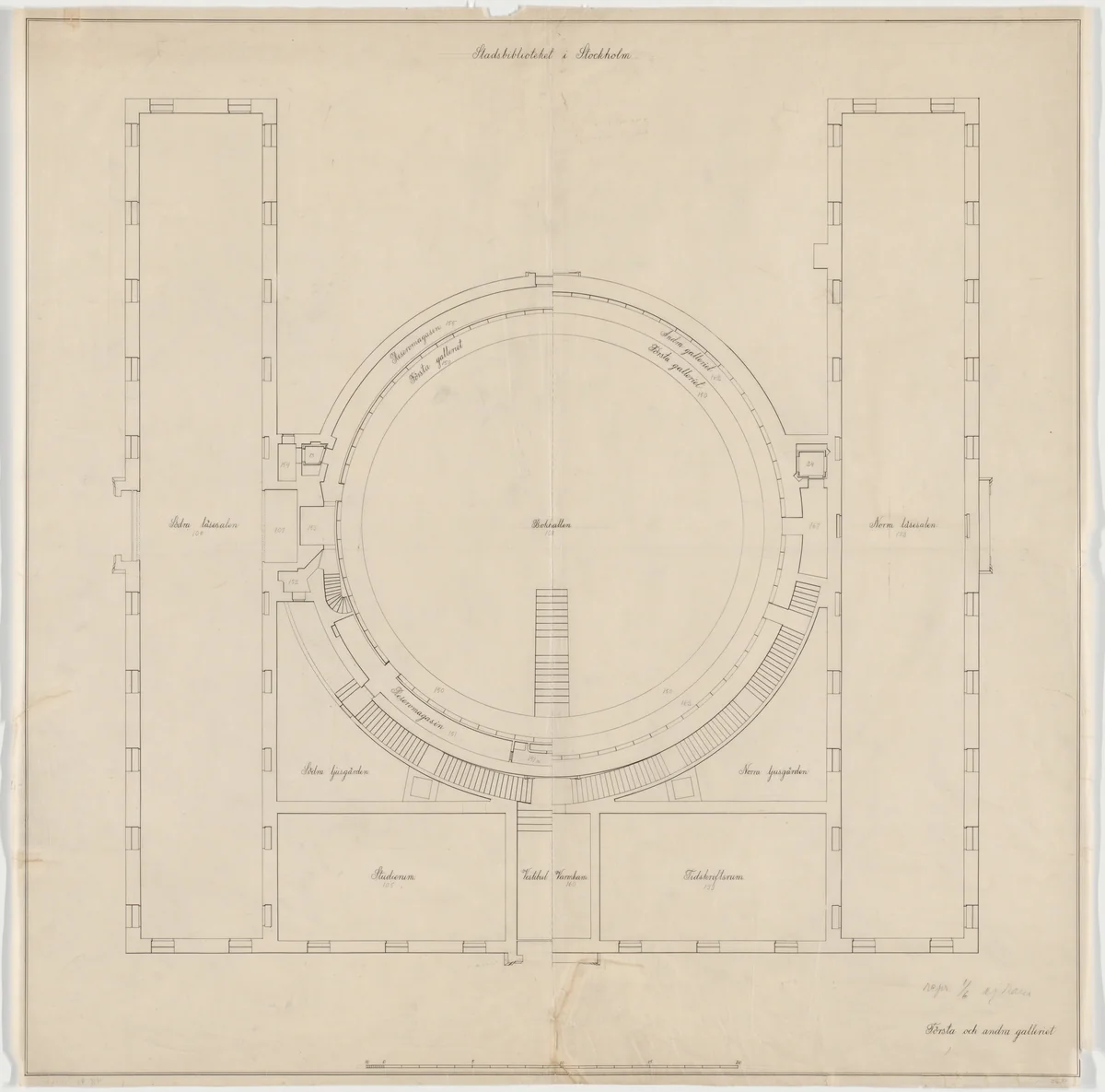 Public Library, Stockholm, Sweden, Plan of first and second galleries by Erik Gunnar Asplund, architecture