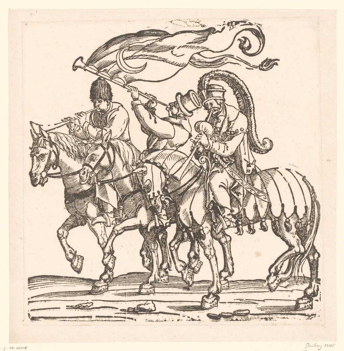 Drie Turkse muzikanten te paard by anonymous, print, 1530